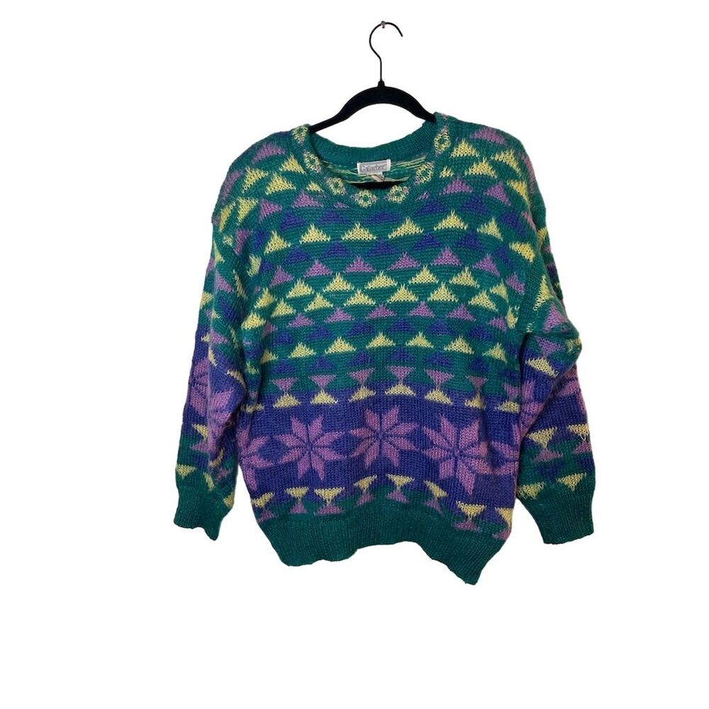 Vintage Gallagher Women's Green Mohair Geometric Pullover Sweater M
